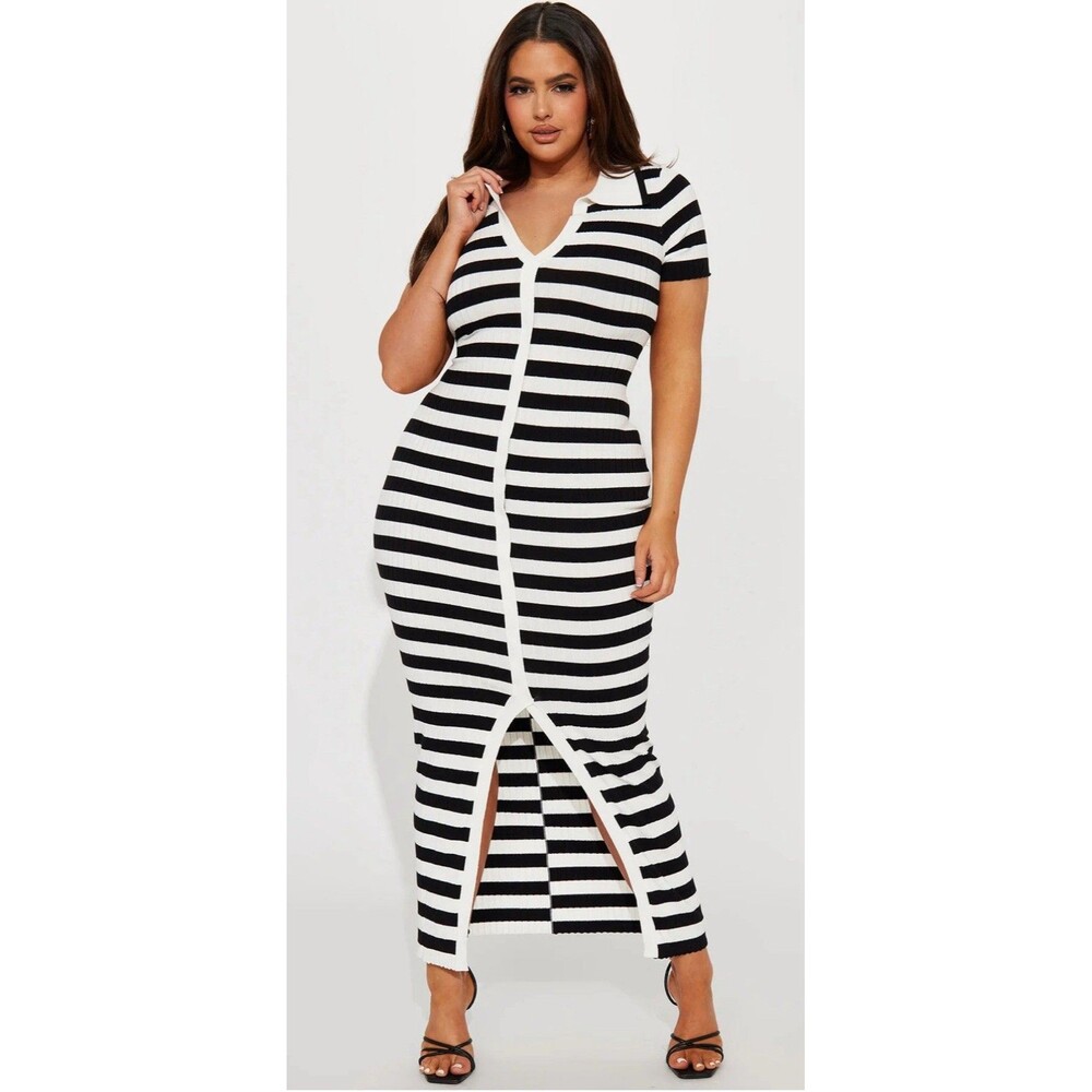Women’s Plus Size 1X Black White Striped Ribbed Maxi Dress Stretch Bodycon